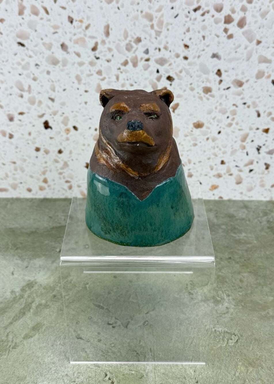 Handmade Ceramic Bear Head Figurine in Green Jacket 5” tall